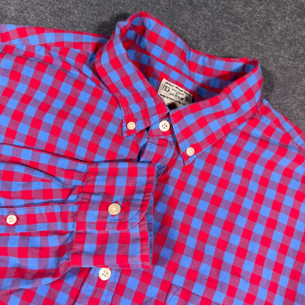 J.Crew Button Down Shirt Mens L Red Blue Gingham Plaid Cotton Long Sleeve Preppy